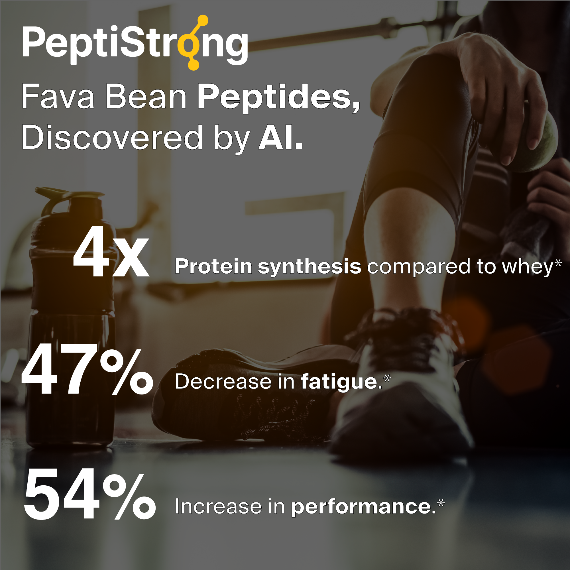 PeptiStrong Fava Bean Peptides with text about protein synthesis, fatigue decrease, and performance increase.